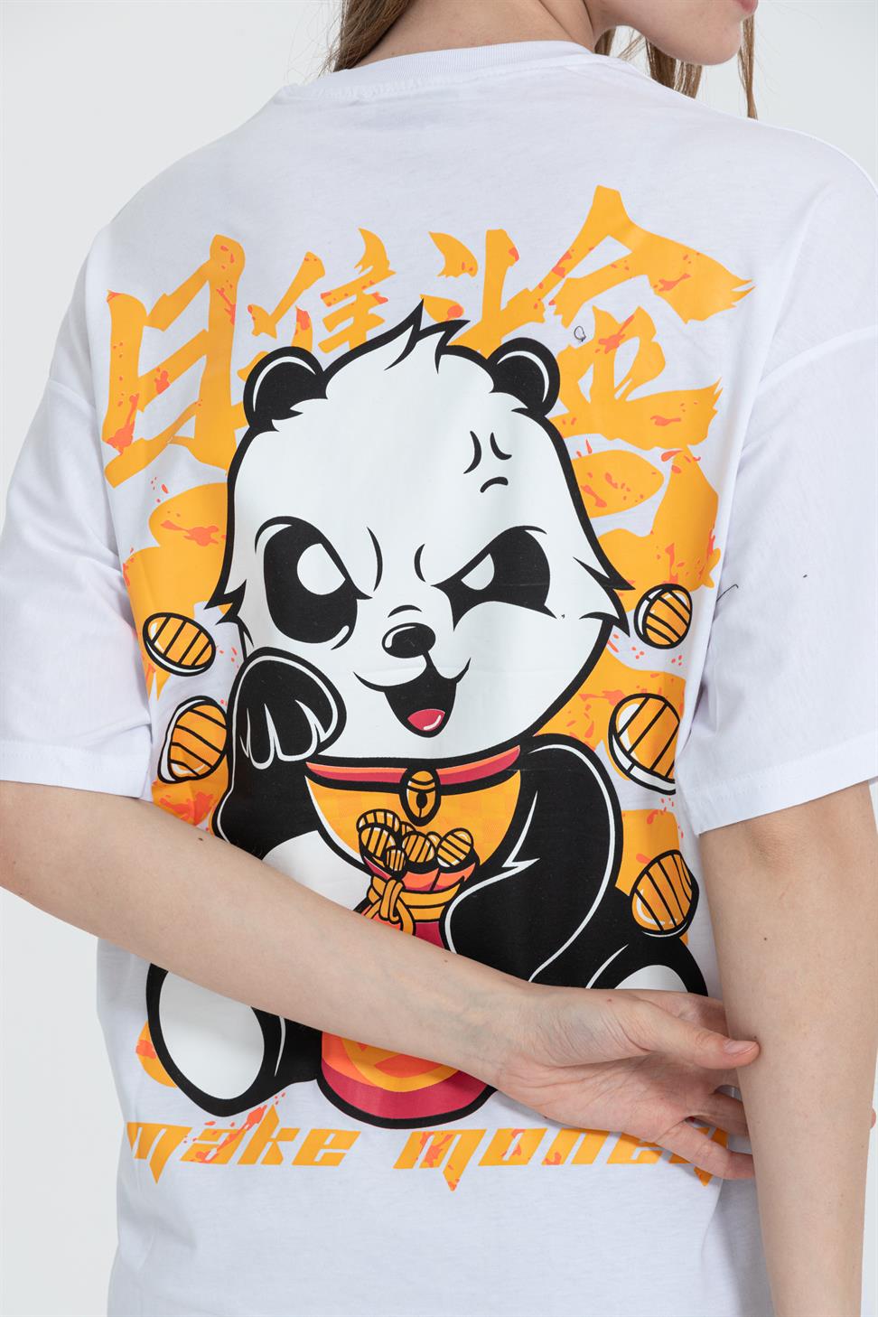 R-5724 Bisiklet Yaka Panda Baskılı Oversize T-shırt