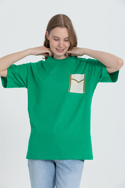 R-5729 Oversized Crew Neck T-Shirt  Green Lace Pocket 100% Cotton