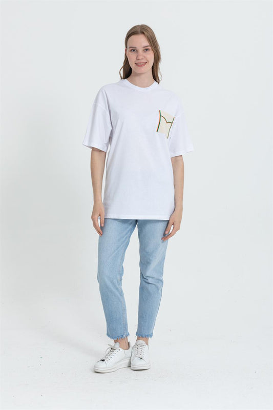 R-5729 Oversized Crew Neck T-Shirt  Lace Pocket Detail, 100% Cotton
