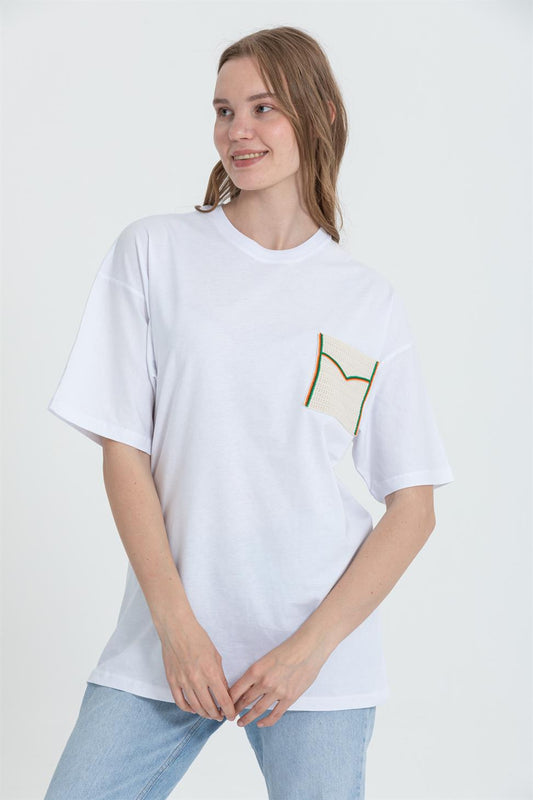 R-5729 Oversized Crew Neck T-Shirt  Lace Pocket Detail, 100% Cotton