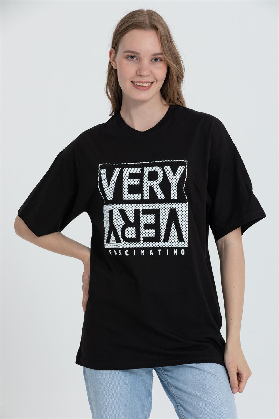 R-5739 Bisiklet Yaka Very Baskılı Oversize T-shırt