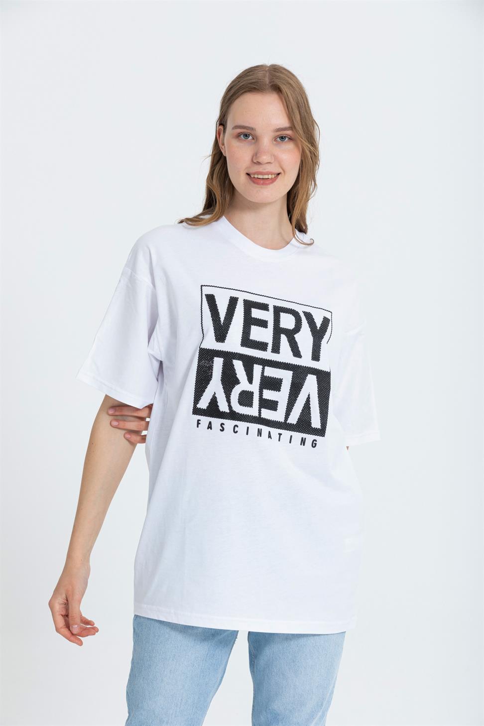 R-5739 Bisiklet Yaka Very Baskılı Oversize T-shırt