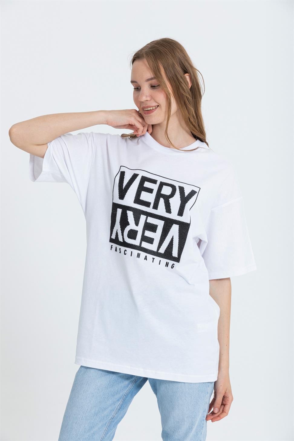 R-5739 Bisiklet Yaka Very Baskılı Oversize T-shırt