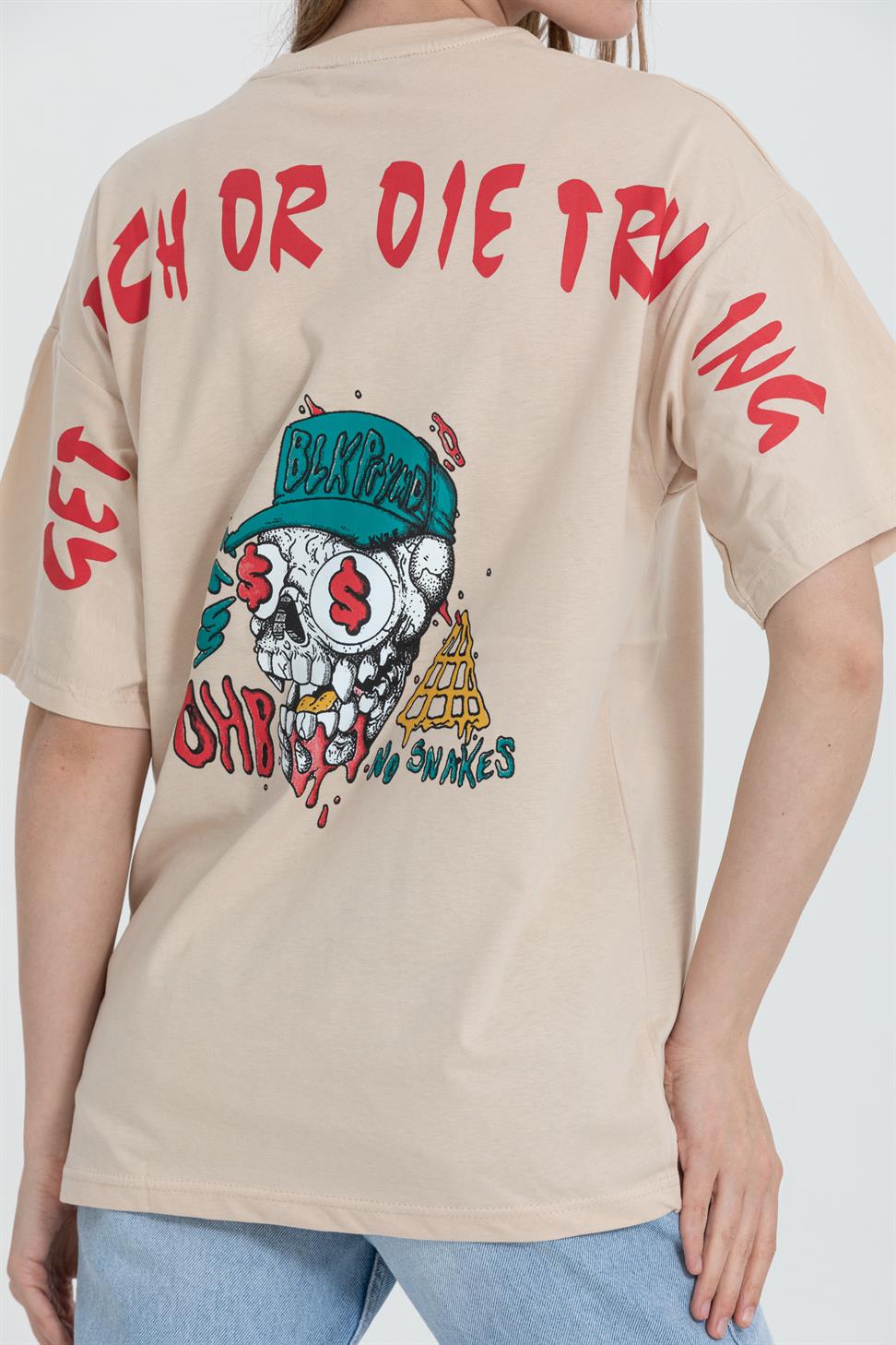 R-5741 Bisiklet Yaka Oversize Arka Kuru Kafa Baskılı T-shirt