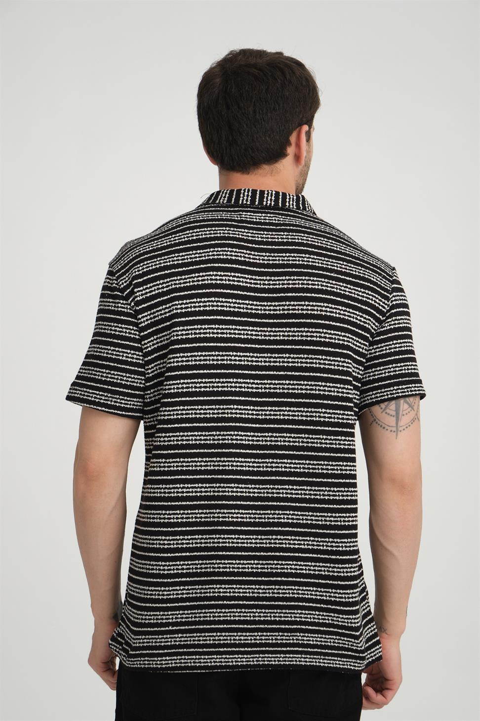 R-5834 Half-Zip Collar Striped Knit T-Shirt – Black