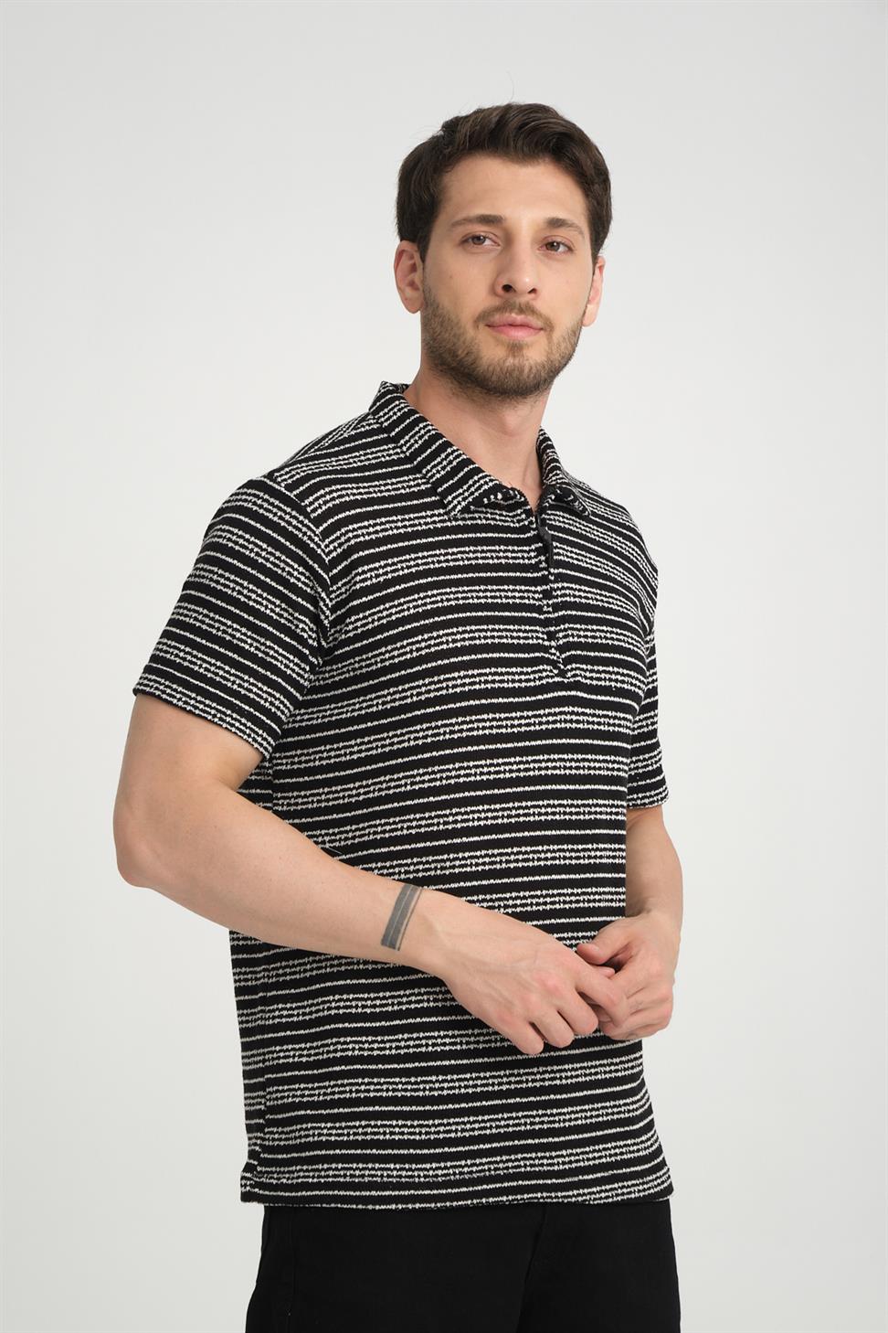 R-5834 Half-Zip Collar Striped Knit T-Shirt – Black