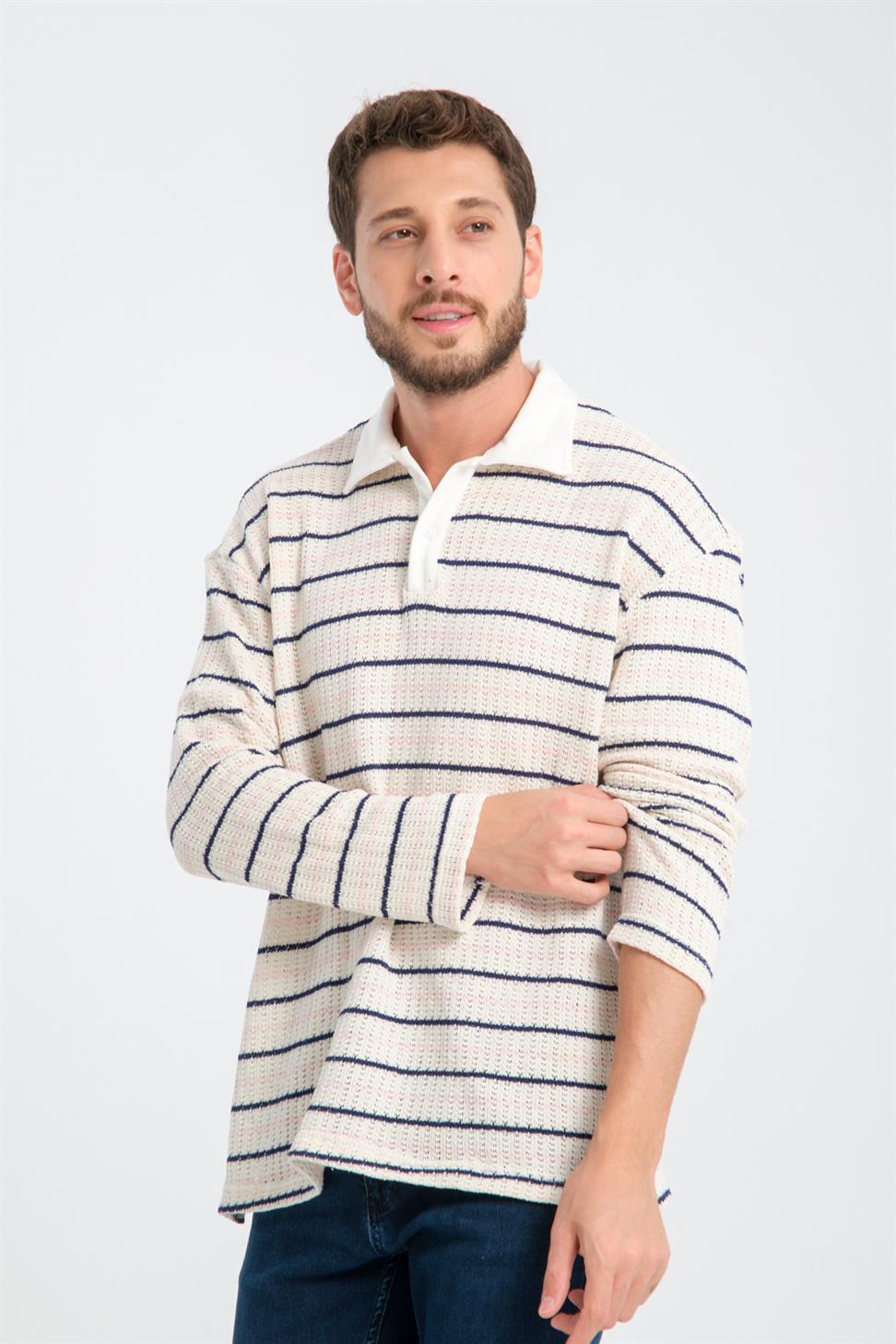 R-5839 Polo Neck Long Sleeve Striped Knit Sweatshirt – Beige