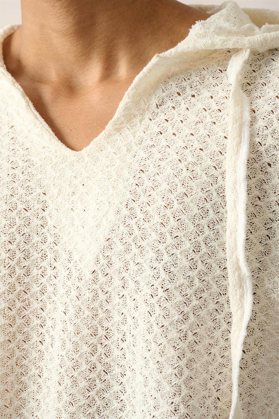 R-5840 Hooded Henley Neck Long Sleeve Spider Pattern Knit Sweatshirt – Ecru