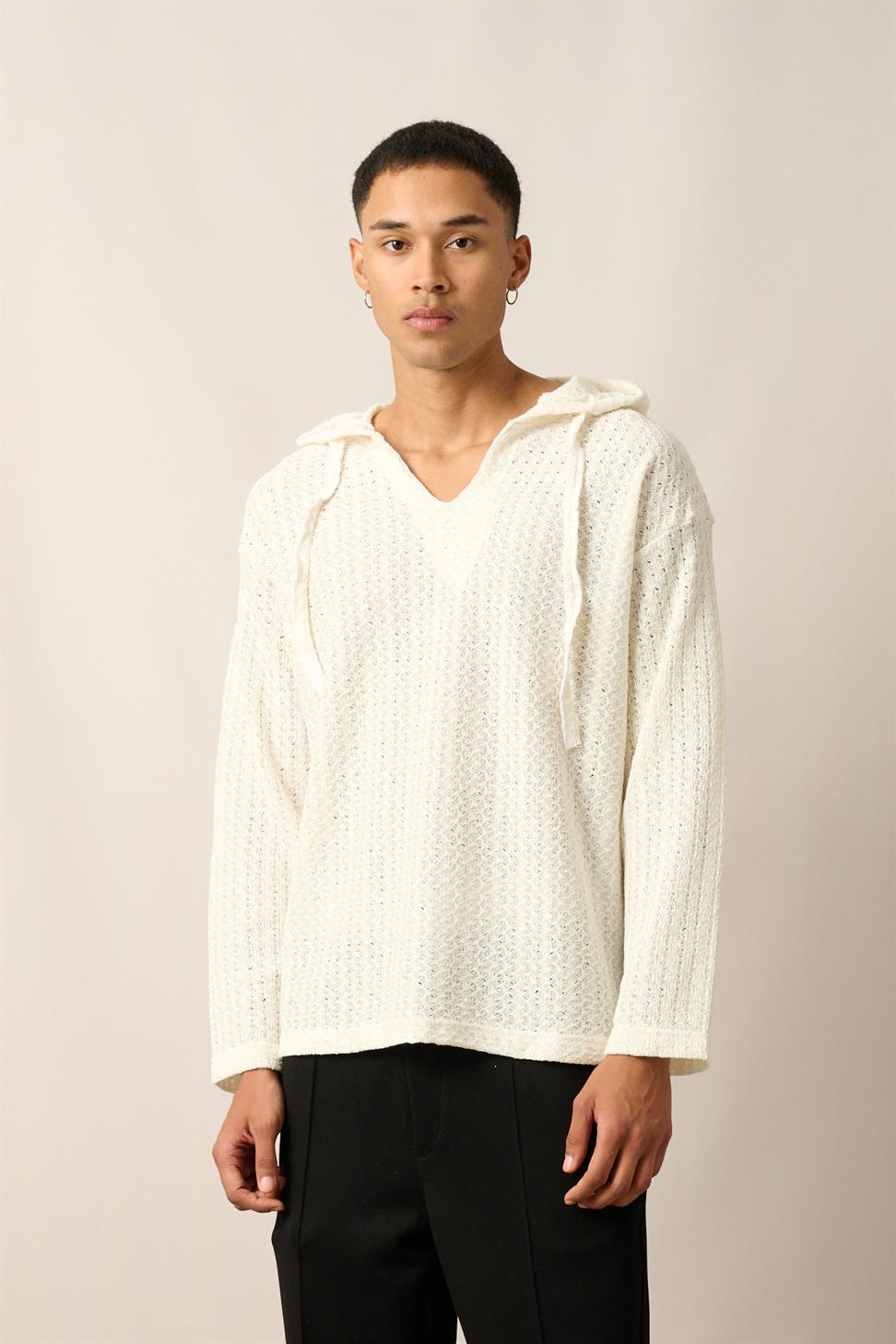 R-5840 Hooded Henley Neck Long Sleeve Spider Pattern Knit Sweatshirt – Ecru