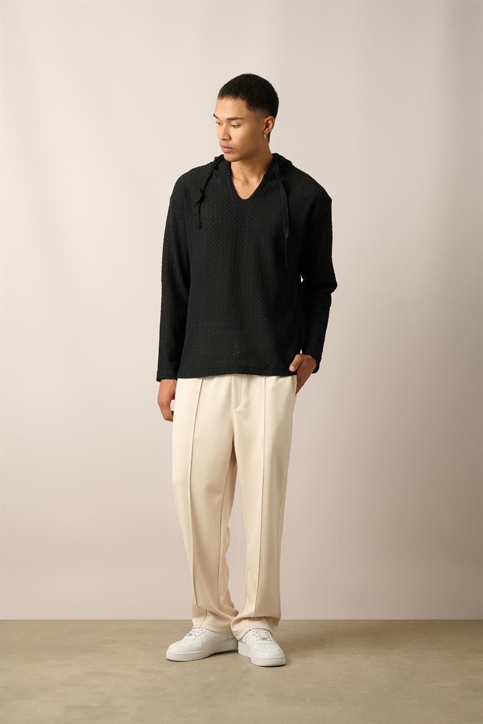 R-5840 Hooded Henley Neck Long Sleeve Spider Pattern Knit Sweatshirt – Black
