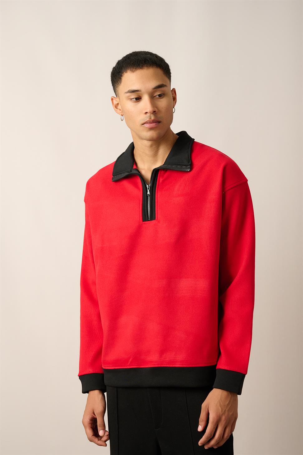 R-5844 Red Half-Zip Contrast Detail Fleece Sweatshirt