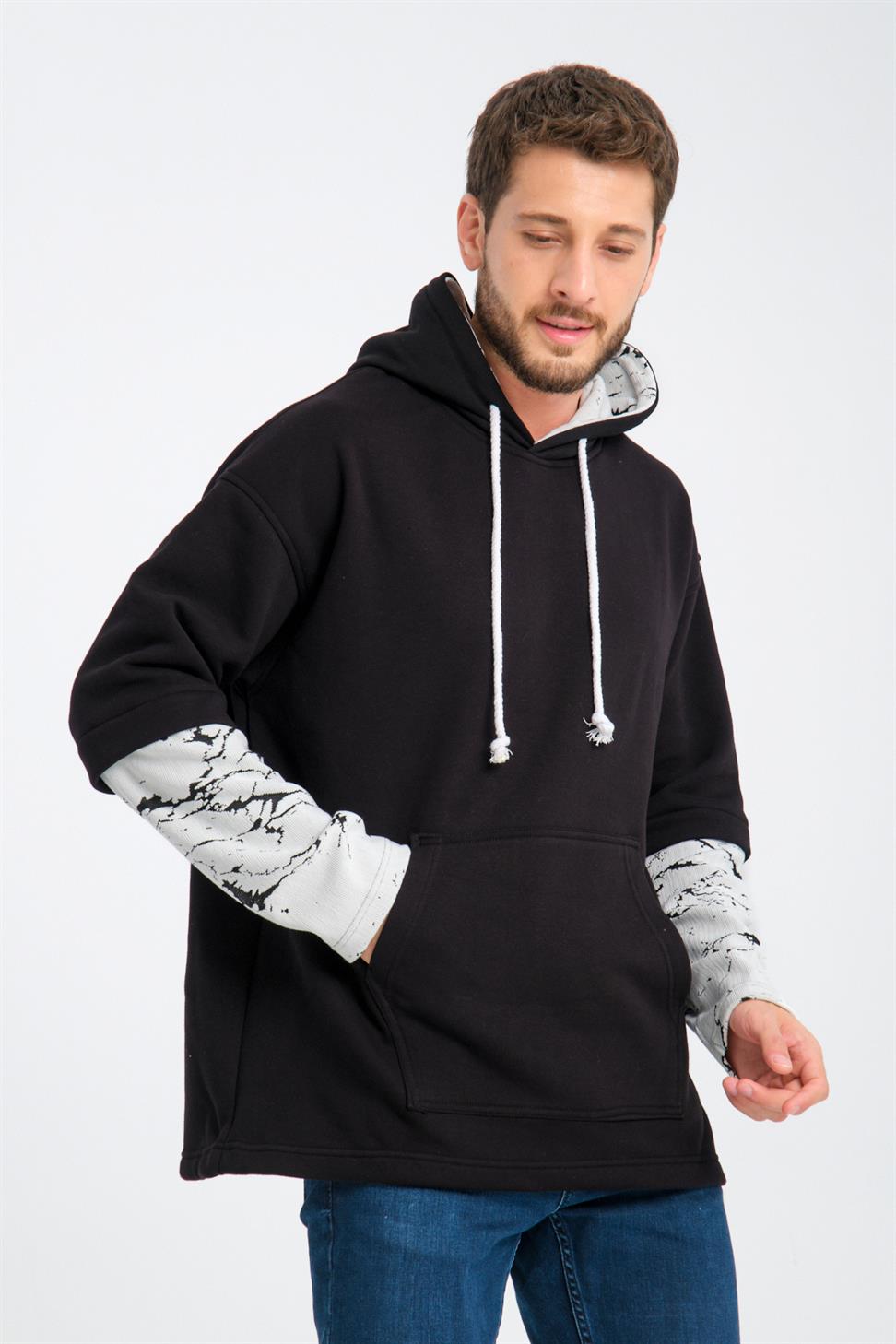 R-5845 Hooded Color-Block Sleeve Triple Fleece Sweatshirt