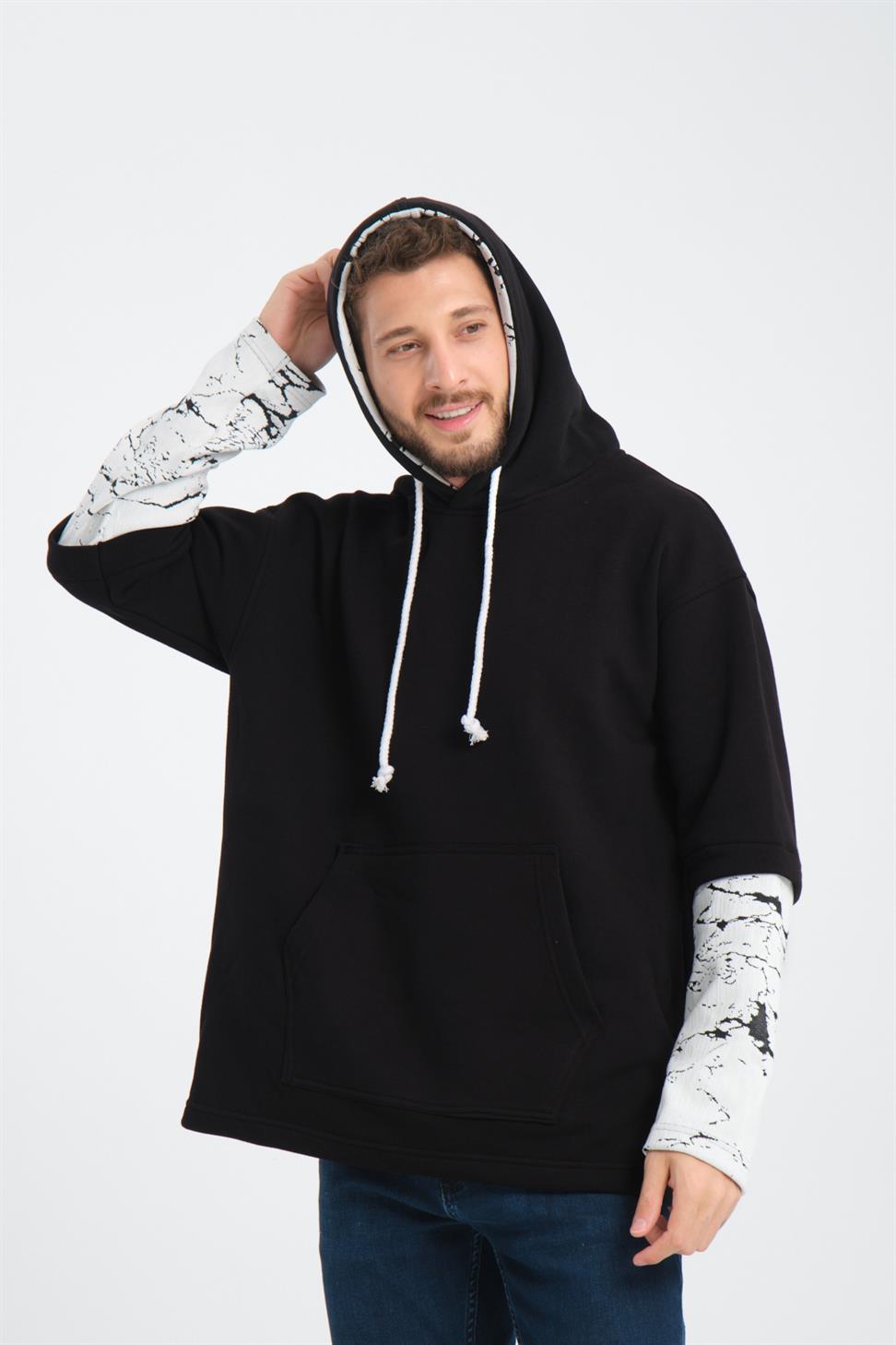 R-5845 Hooded Color-Block Sleeve Triple Fleece Sweatshirt