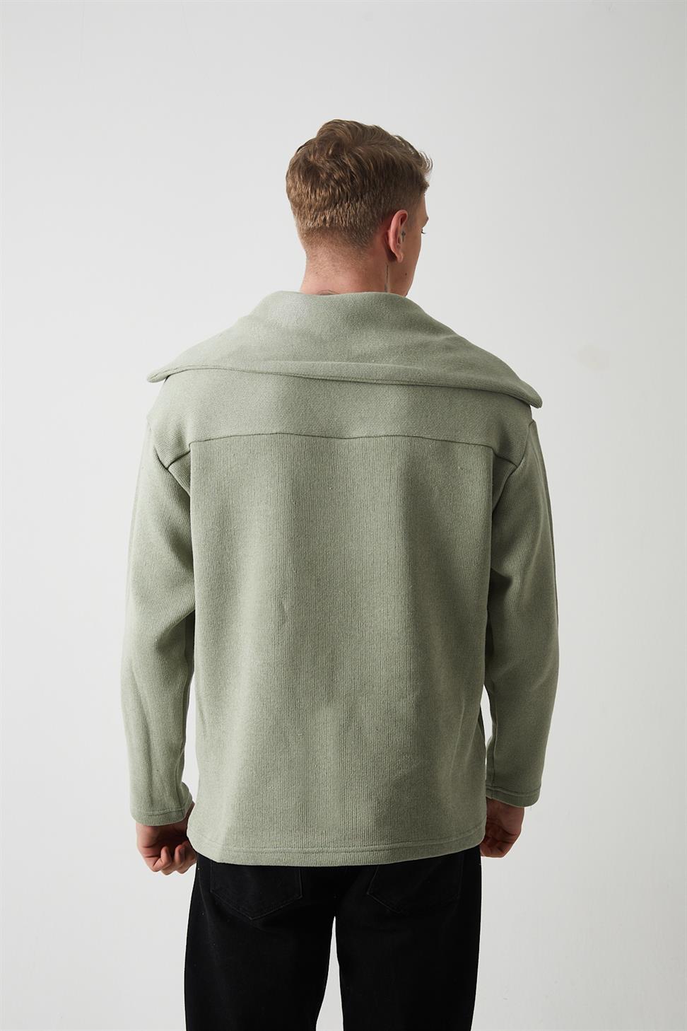 Men’s Knitted Sweatshirt with Collar Detail – Sage Green (R-5850)