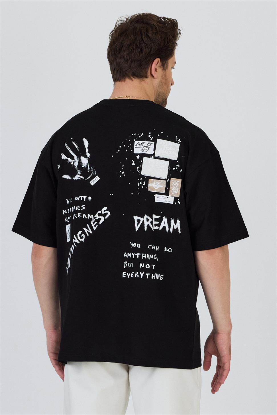 R-5863 R-5863 Men’s 100% Cotton Supima Jersey T-Shirt – Black Oversize with Front & Back Print Detail