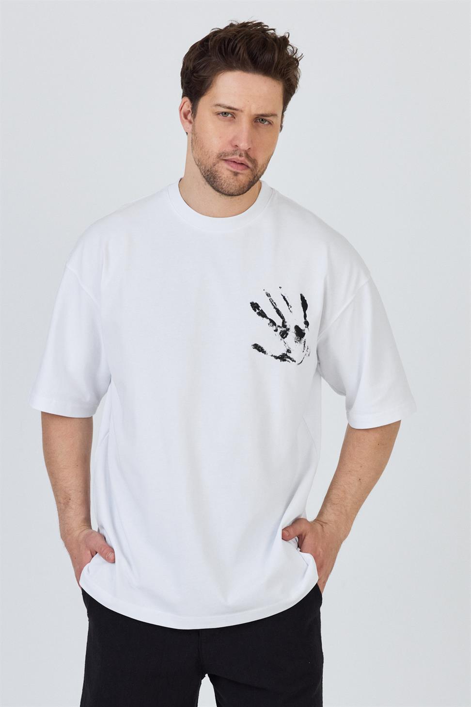 R-5863 R-5863 Men’s 100% Cotton Supima Jersey T-Shirt – White Oversize with Front & Back Print Detail