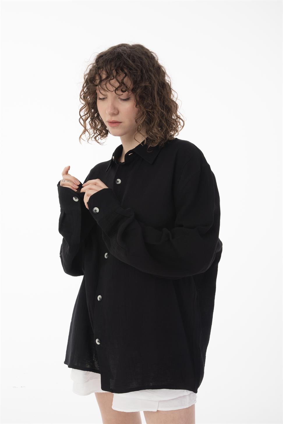 R-6048 Unisex Loose Cotton Muslin Shirt - Breathable, Soft Touch, Relaxed Casual Look Black