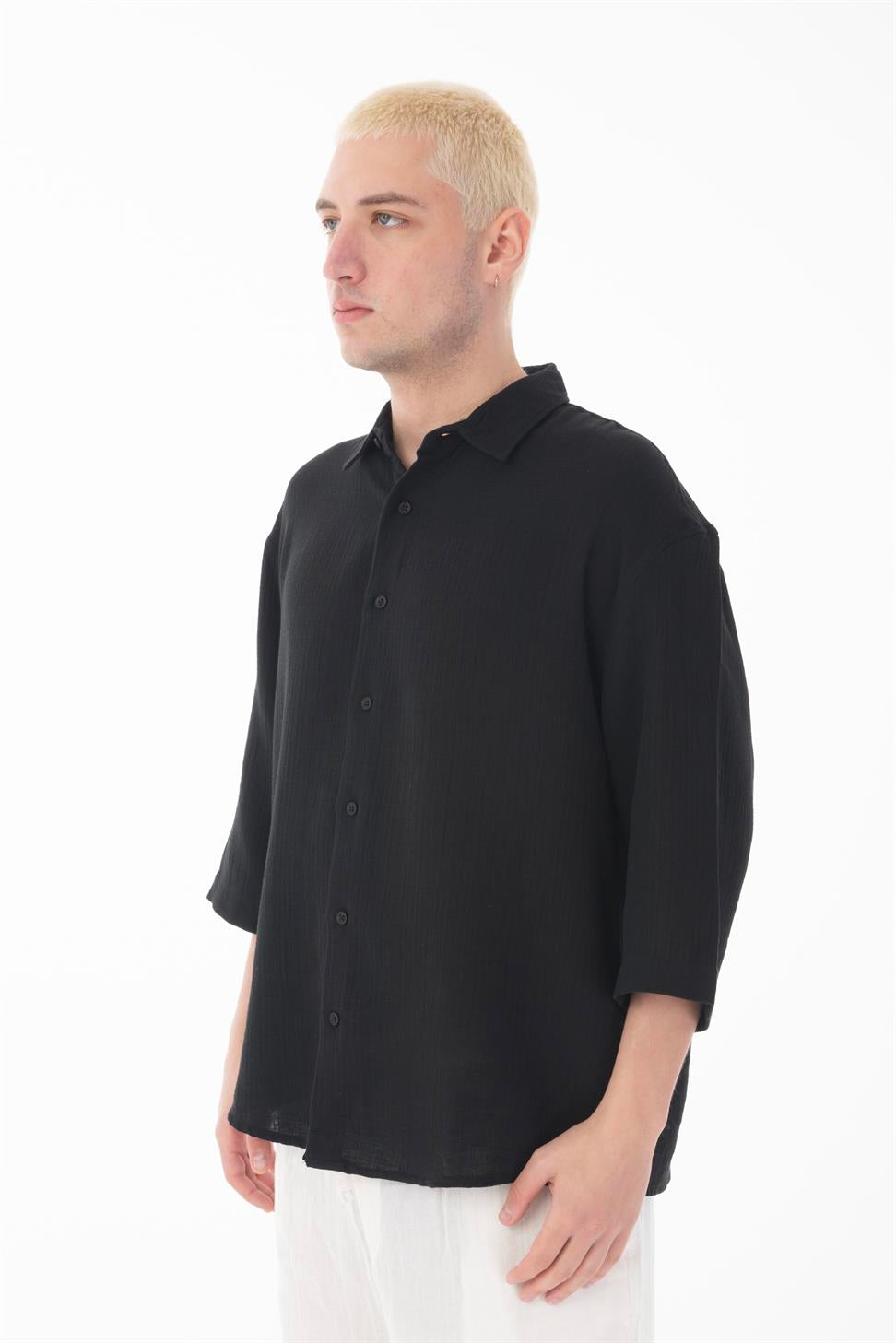 R-6049 Men’s 100% Cotton Muslin Shirt – Stand Collar, 3/4 Sleeve, Lightweight & Breathable