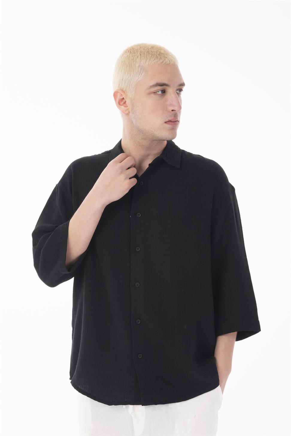 R-6049 Men’s 100% Cotton Muslin Shirt – Stand Collar, 3/4 Sleeve, Lightweight & Breathable