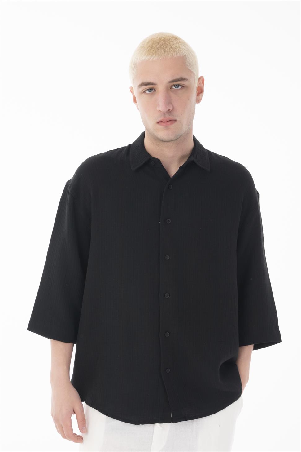 R-6049 Men’s 100% Cotton Muslin Shirt – Stand Collar, 3/4 Sleeve, Lightweight & Breathable