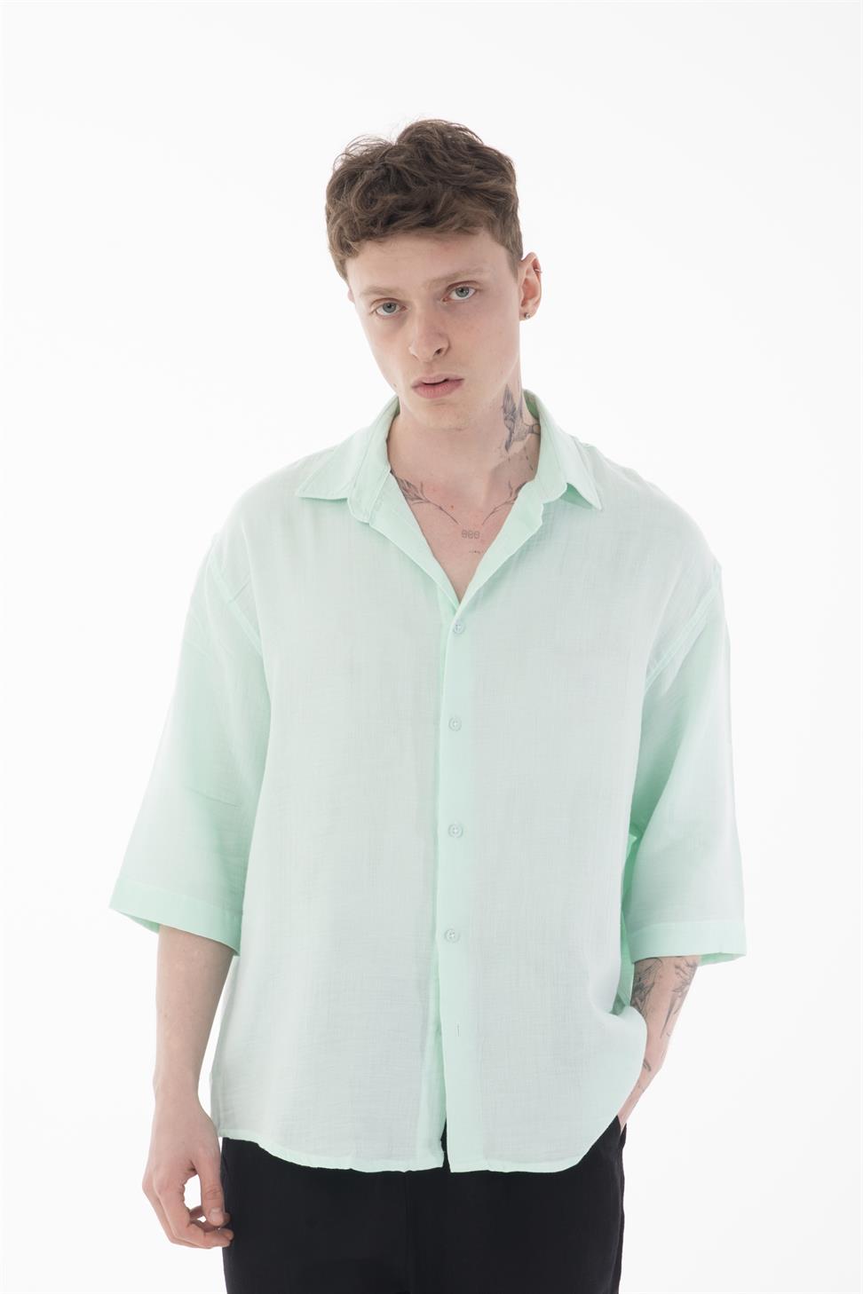 R-6049 Men’s 100% Cotton Muslin Shirt – Stand Collar, 3/4 Sleeve, Lightweight & Breathable