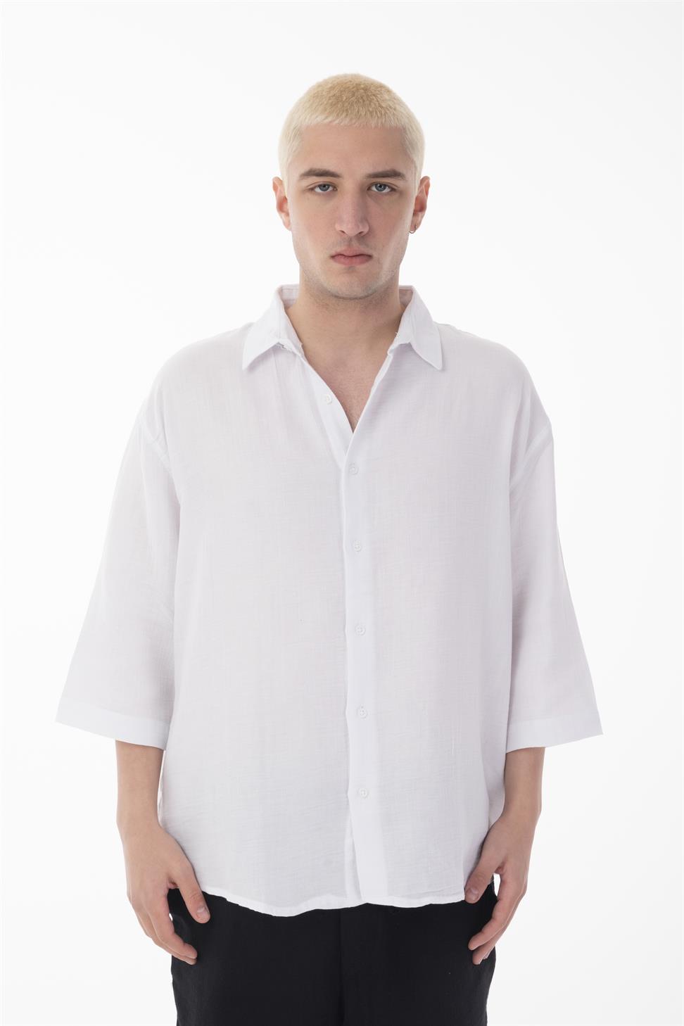R-6049 Men’s 100% Cotton Muslin Shirt – Stand Collar, 3/4 Sleeve, Lightweight & Breathable
