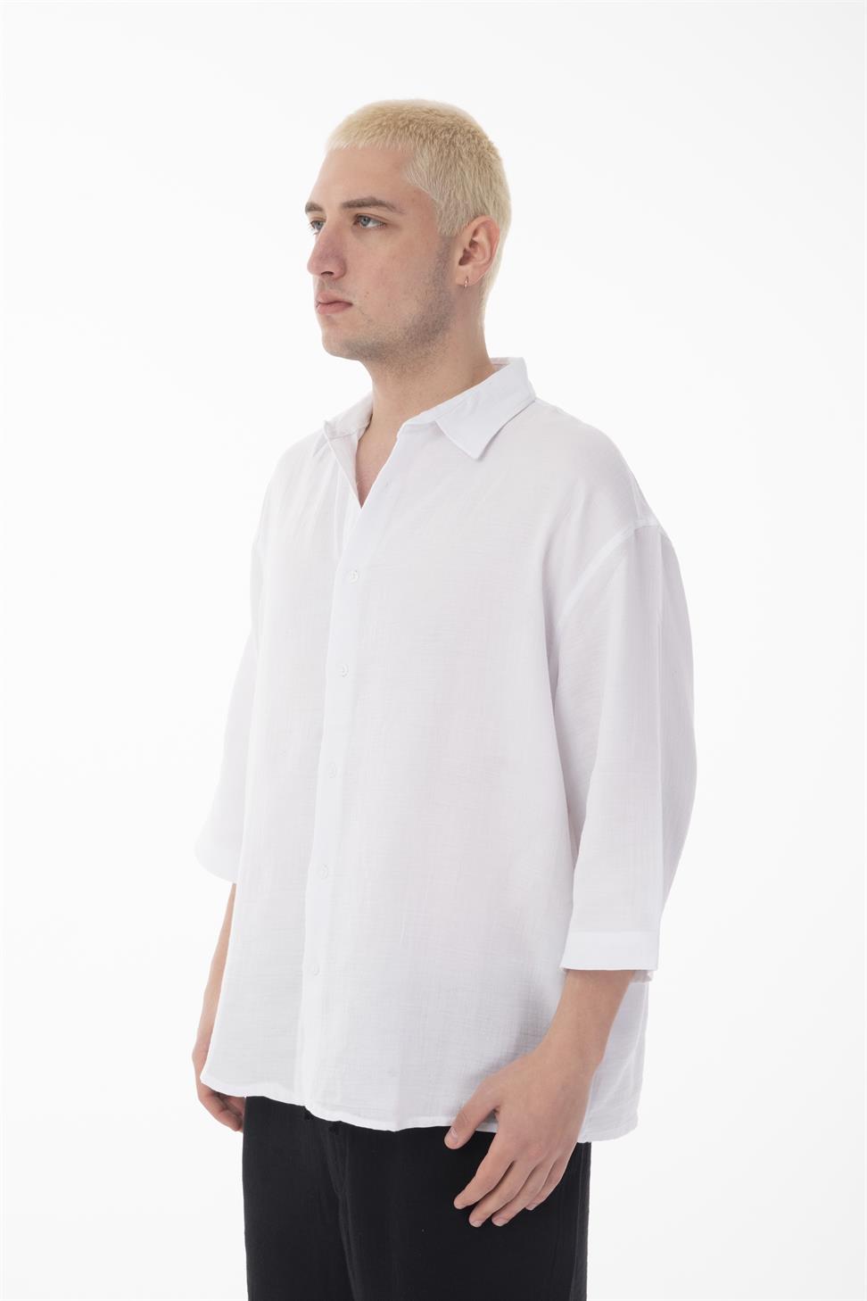 R-6049 Men’s 100% Cotton Muslin Shirt – Stand Collar, 3/4 Sleeve, Lightweight & Breathable