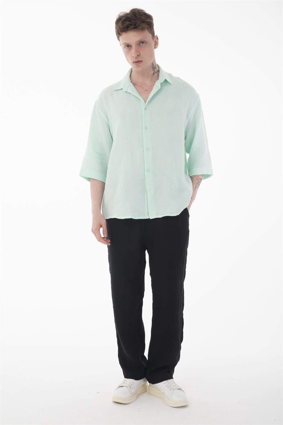 R-6049 Men’s 100% Cotton Muslin Shirt – Stand Collar, 3/4 Sleeve, Lightweight & Breathable