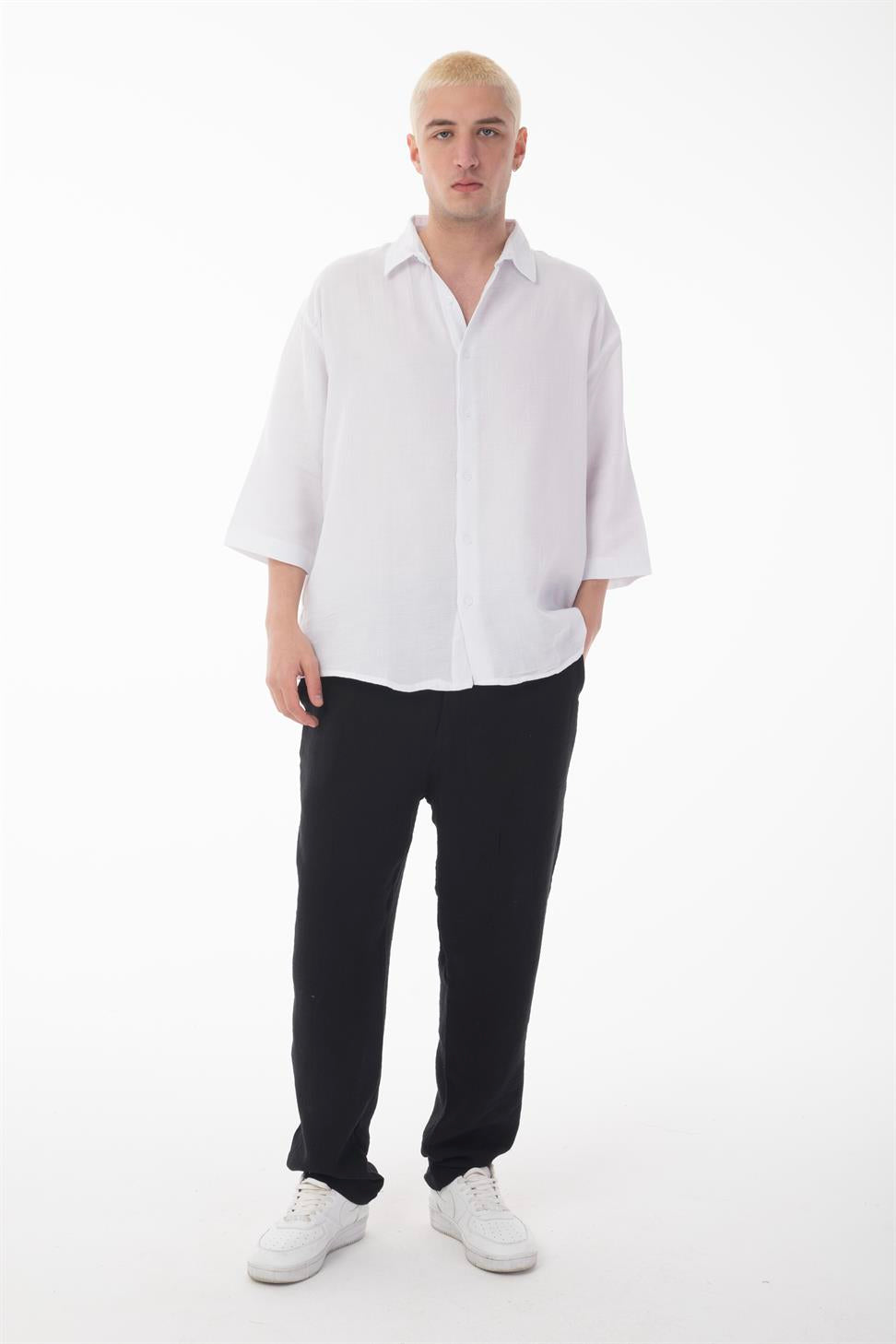 R-6049 Men’s 100% Cotton Muslin Shirt – Stand Collar, 3/4 Sleeve, Lightweight & Breathable