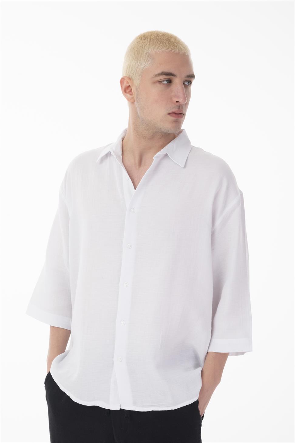 R-6049 Men’s 100% Cotton Muslin Shirt – Stand Collar, 3/4 Sleeve, Lightweight & Breathable