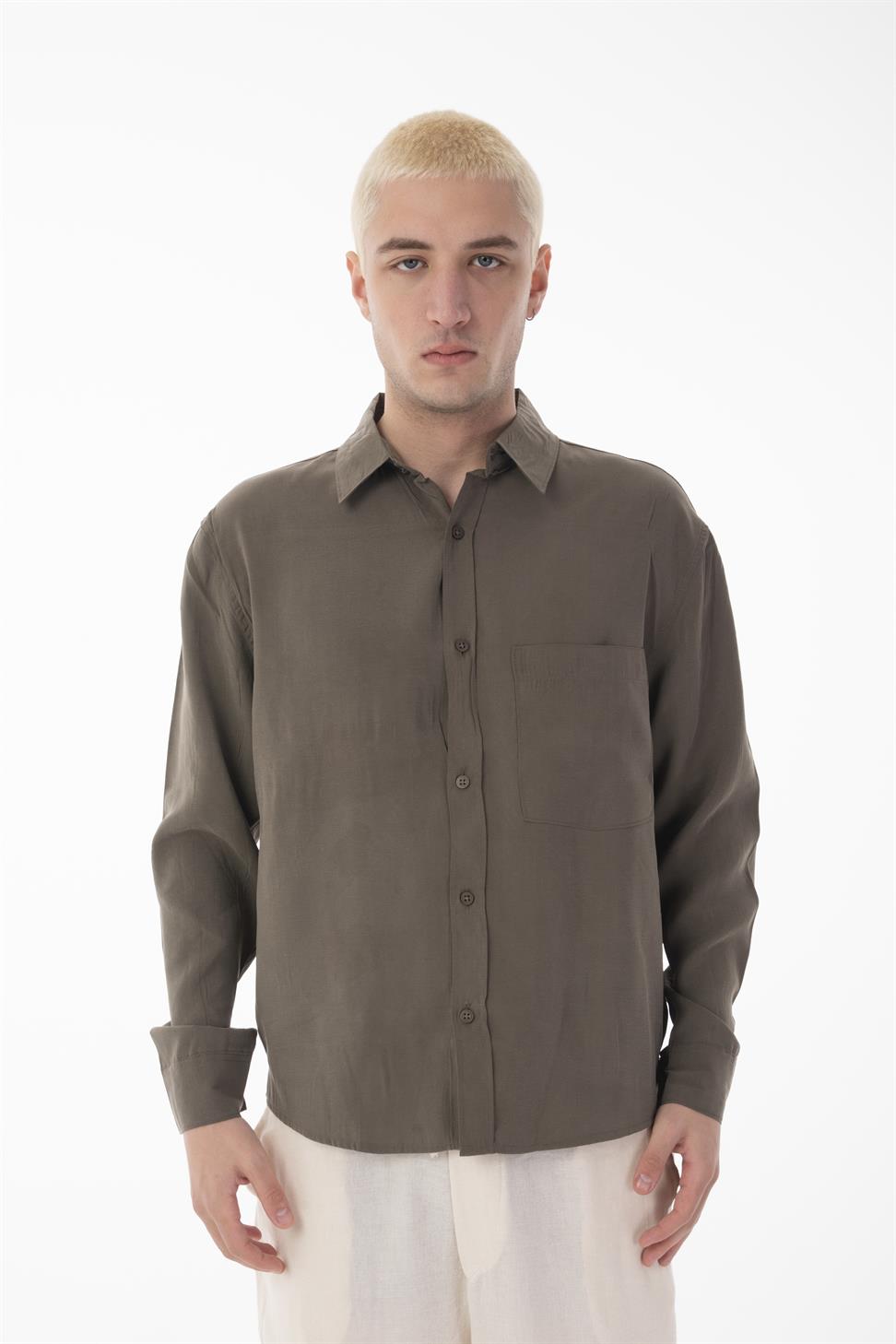 R-6050 Men’s Stand Collar Long Sleeve Shirt – Single Pocket Detail, Modal Blend Fabric (85% Modal, 15% Polyester)