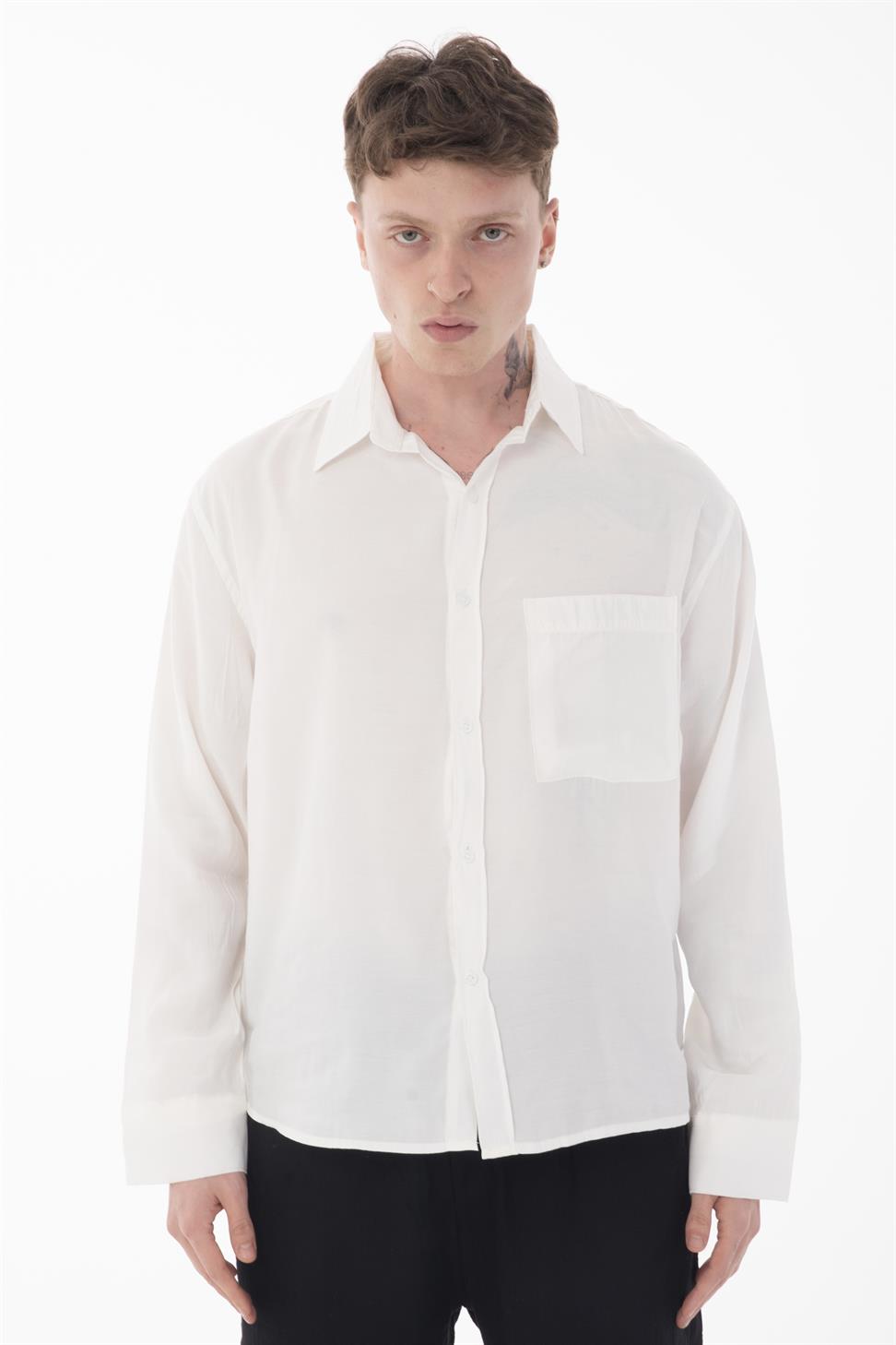R-6050 Men’s Stand Collar Long Sleeve Shirt – Single Pocket Detail, Modal Blend Fabric (85% Modal, 15% Polyester)