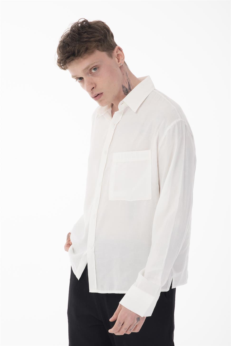 R-6050 Men’s Stand Collar Long Sleeve Shirt – Single Pocket Detail, Modal Blend Fabric (85% Modal, 15% Polyester)