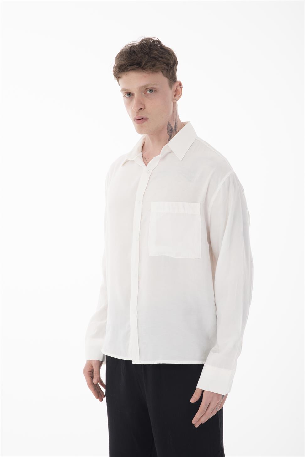 R-6050 Men’s Stand Collar Long Sleeve Shirt – Single Pocket Detail, Modal Blend Fabric (85% Modal, 15% Polyester)