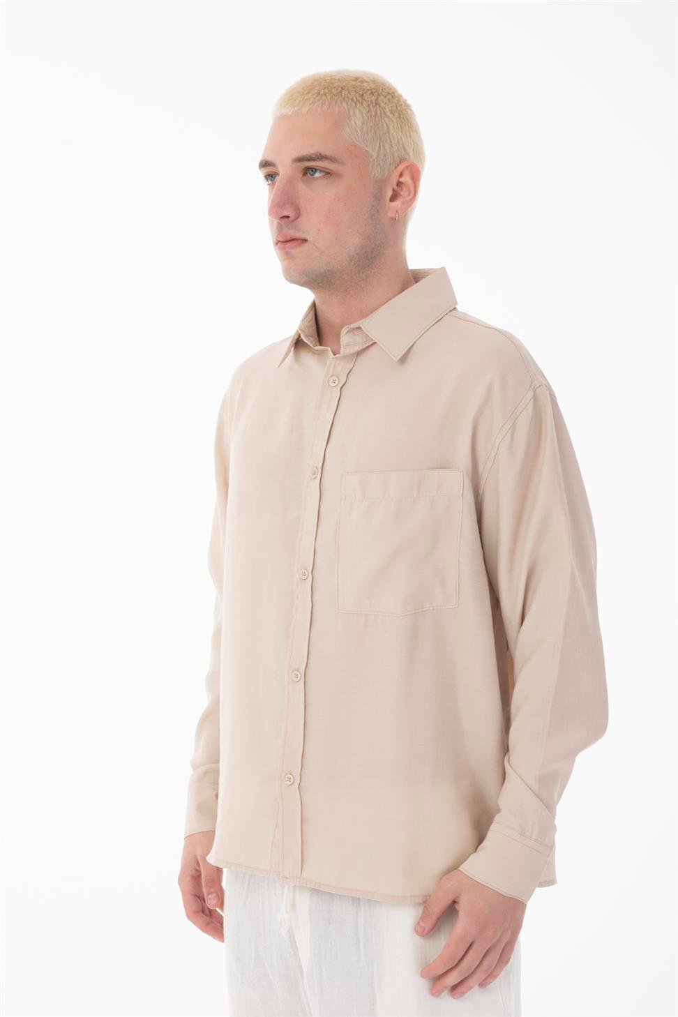 R-6050 Men’s Stand Collar Long Sleeve Shirt – Single Pocket Detail, Modal Blend Fabric (85% Modal, 15% Polyester)