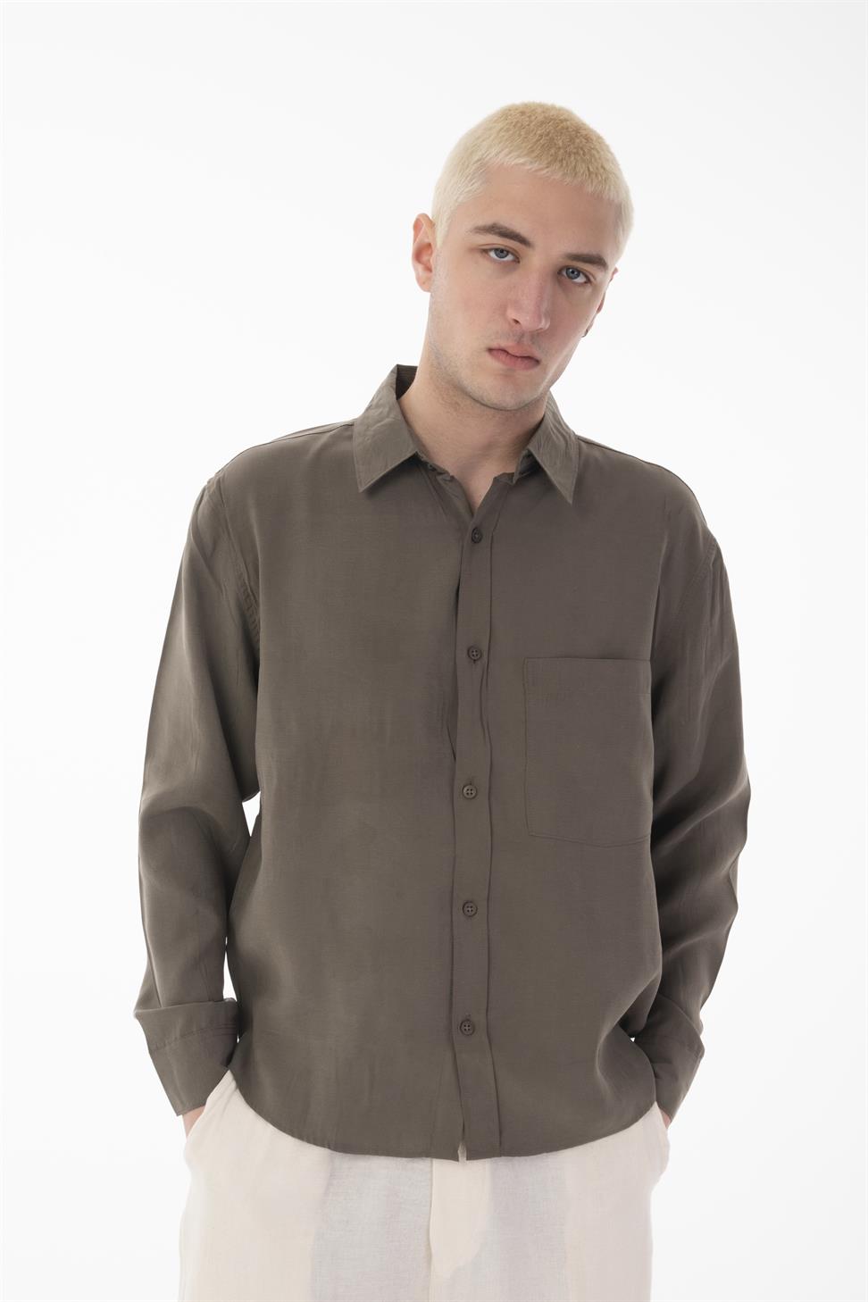 R-6050 Men’s Stand Collar Long Sleeve Shirt – Single Pocket Detail, Modal Blend Fabric (85% Modal, 15% Polyester)