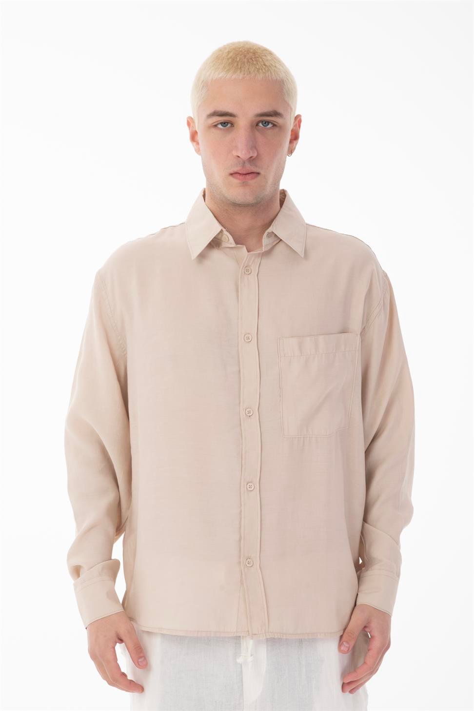 R-6050 Men’s Stand Collar Long Sleeve Shirt – Single Pocket Detail, Modal Blend Fabric (85% Modal, 15% Polyester)