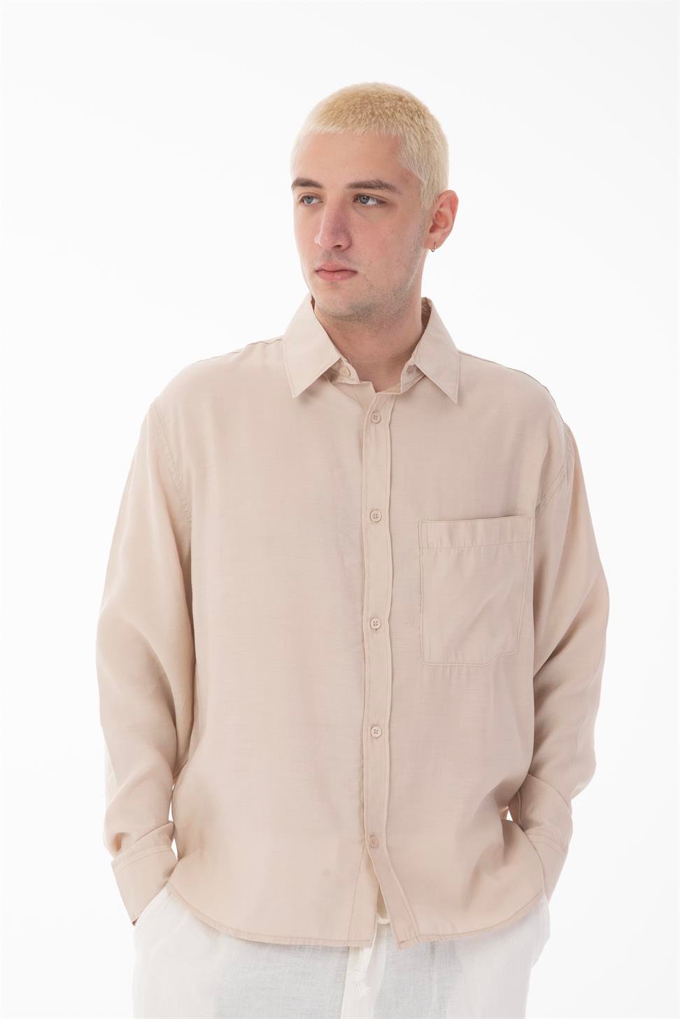 R-6050 Men’s Stand Collar Long Sleeve Shirt – Single Pocket Detail, Modal Blend Fabric (85% Modal, 15% Polyester)