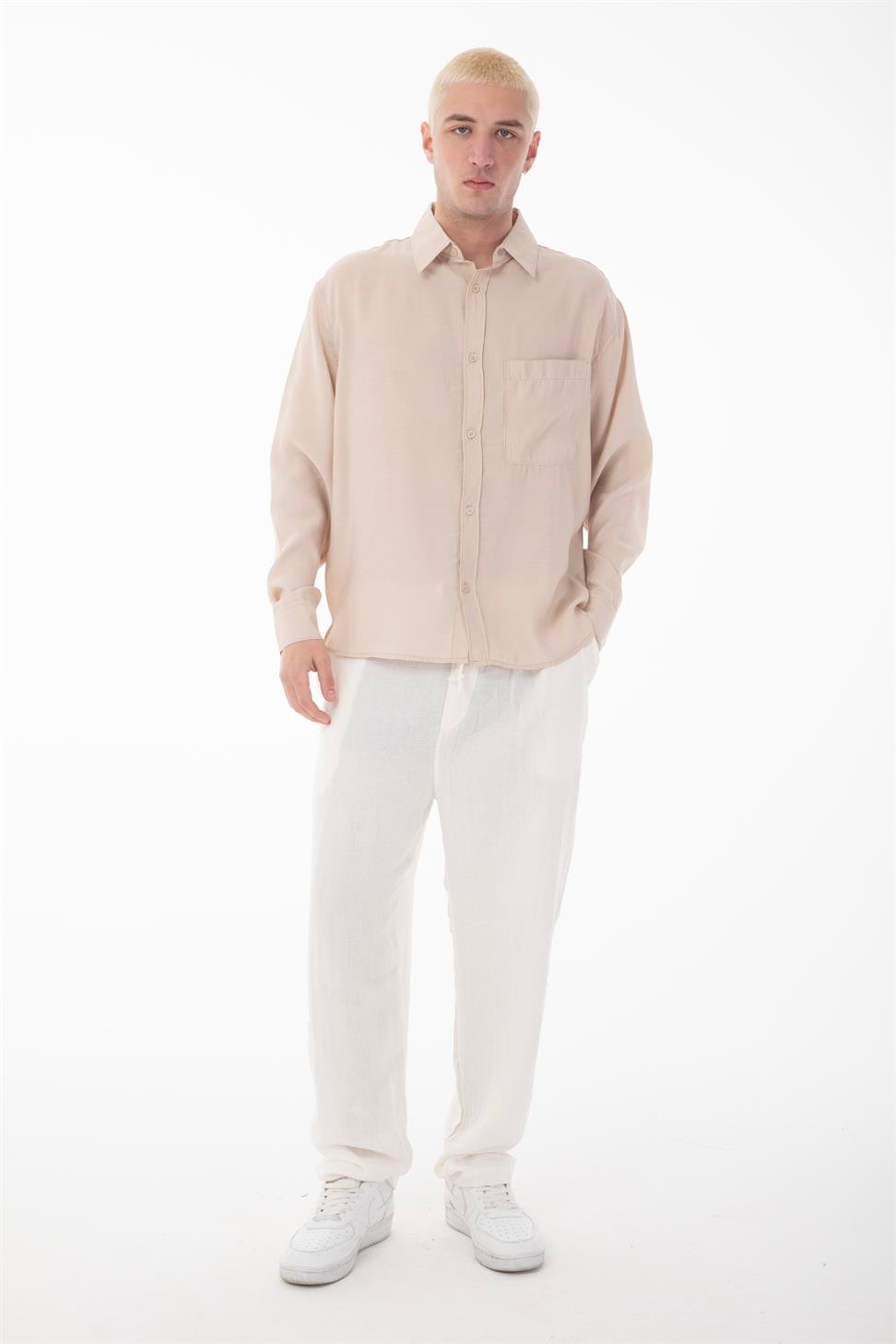 R-6050 Men’s Stand Collar Long Sleeve Shirt – Single Pocket Detail, Modal Blend Fabric (85% Modal, 15% Polyester)