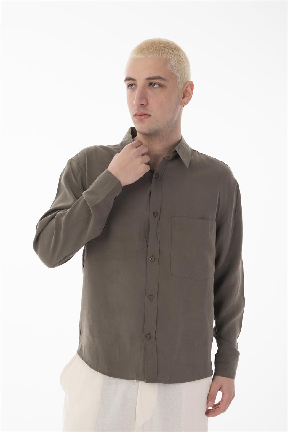 R-6050 Men’s Stand Collar Long Sleeve Shirt – Single Pocket Detail, Modal Blend Fabric (85% Modal, 15% Polyester)