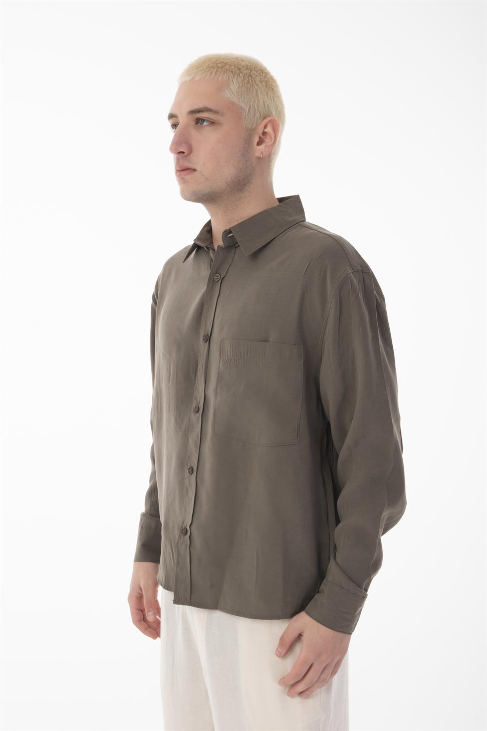 R-6050 Men’s Stand Collar Long Sleeve Shirt – Single Pocket Detail, Modal Blend Fabric (85% Modal, 15% Polyester)