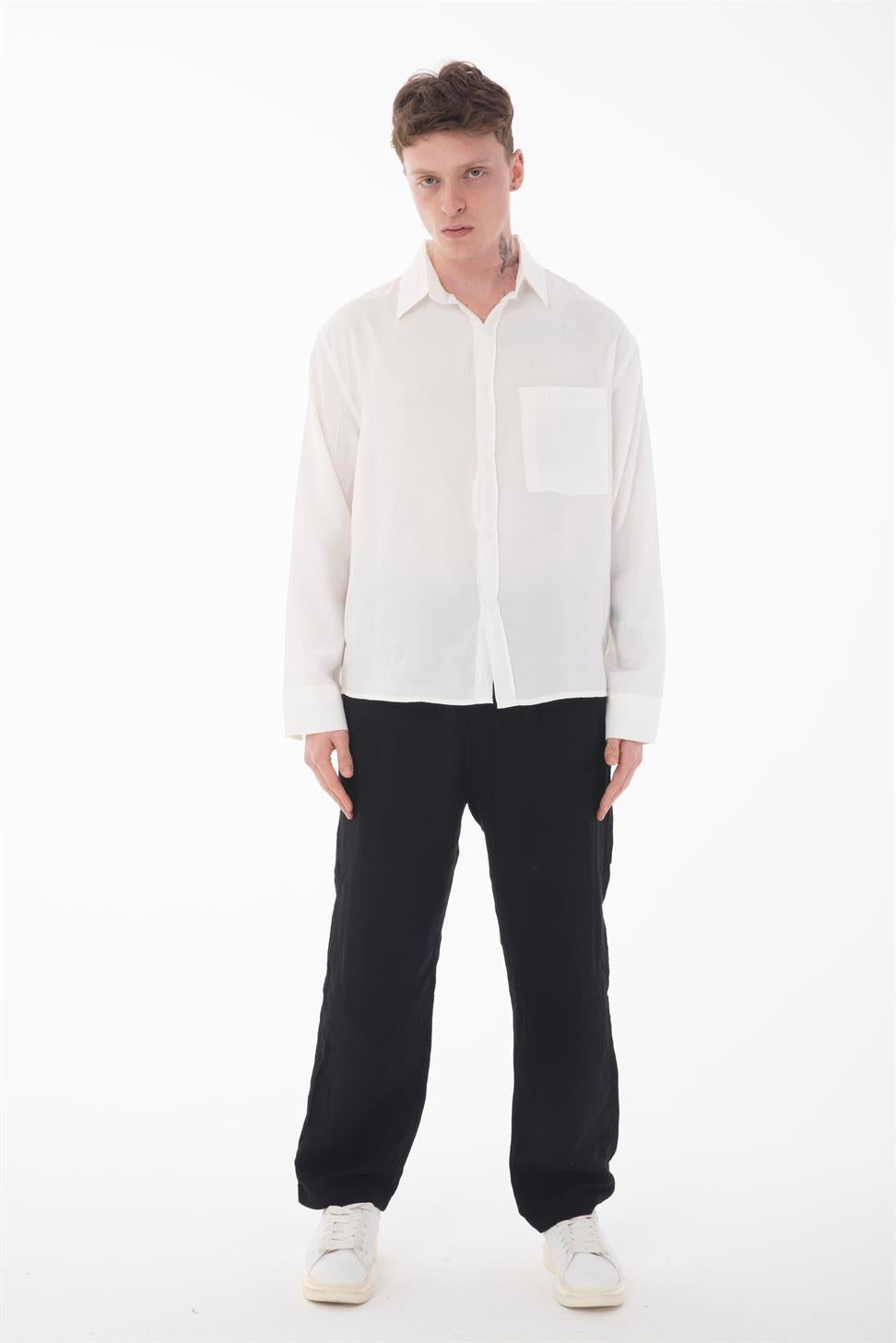 R-6050 Men’s Stand Collar Long Sleeve Shirt – Single Pocket Detail, Modal Blend Fabric (85% Modal, 15% Polyester)