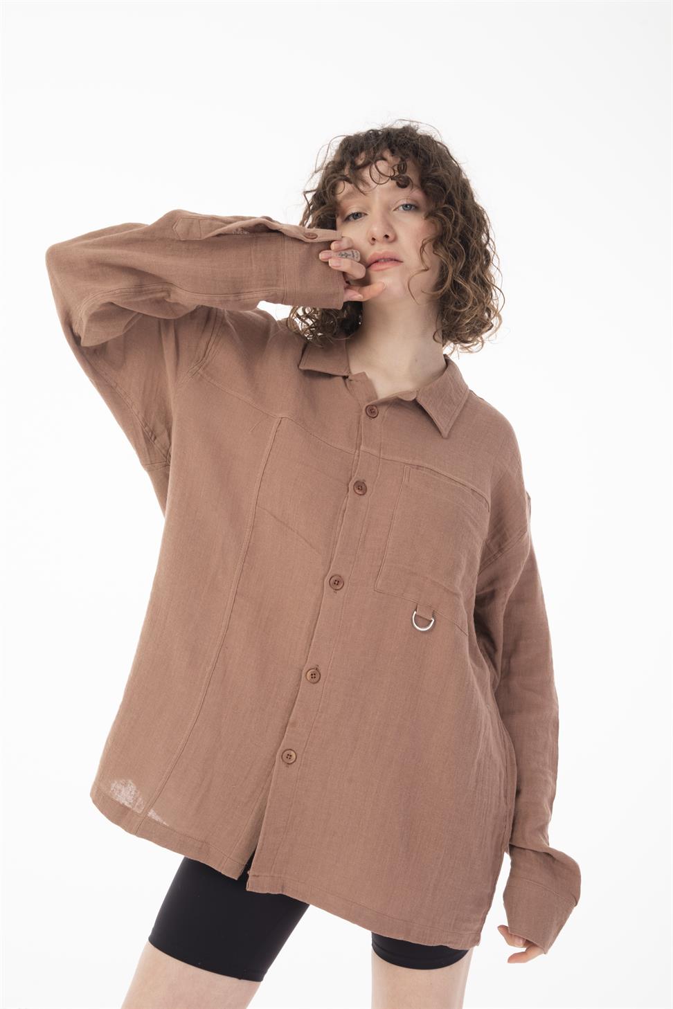 R-6052 Men’s Stand Collar Pocket Detail Long Sleeve Muslin Shirt – Vizon