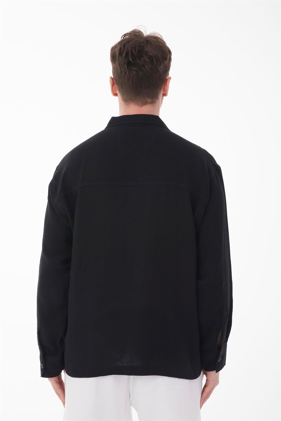 R-6052 Men’s Stand Collar Pocket Detail Long Sleeve Muslin Shirt
