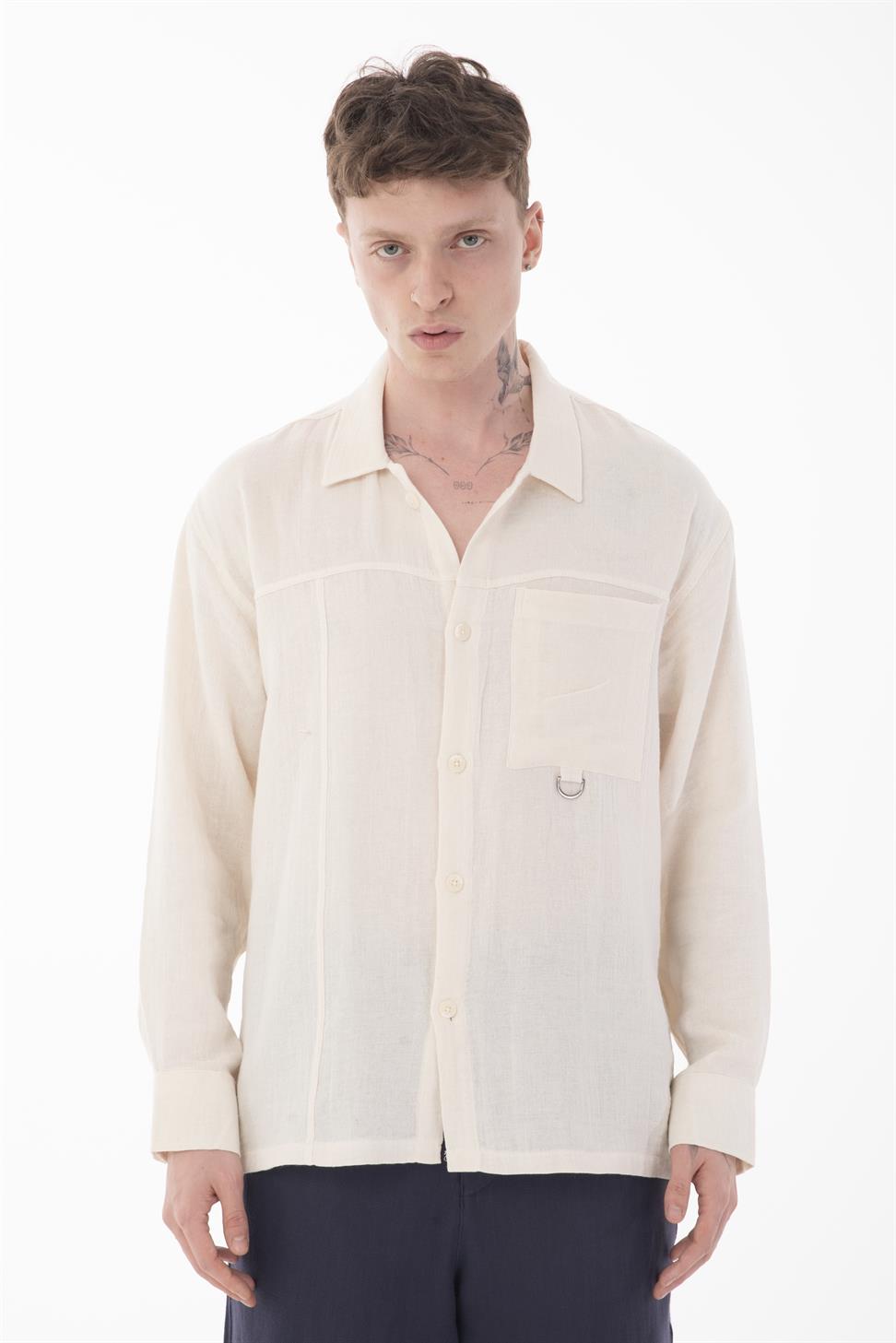 R-6052 Men’s Stand Collar Pocket Detail Long Sleeve Muslin Shirt – Beige