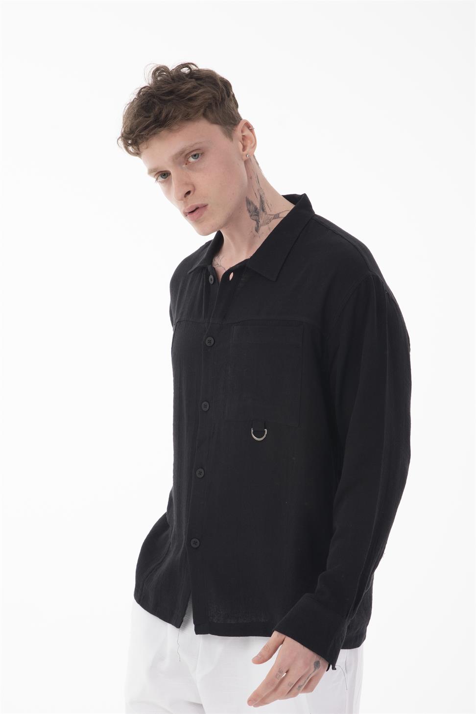 R-6052 Men’s Stand Collar Pocket Detail Long Sleeve Muslin Shirt