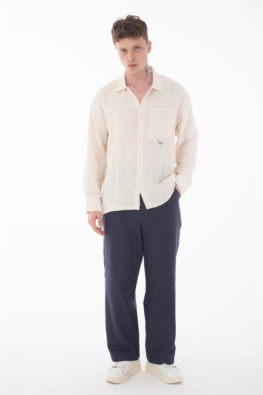 R-6052 Men’s Stand Collar Pocket Detail Long Sleeve Muslin Shirt – Beige