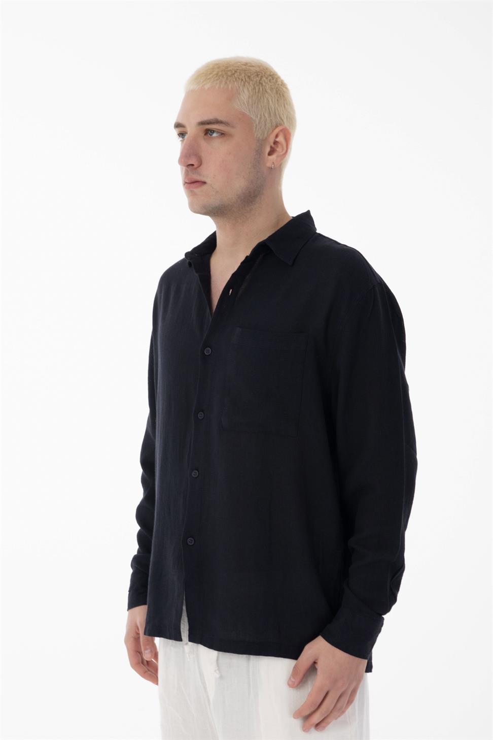 R-6054Men’s Stand Collar Single Pocket Long Sleeve Etamine Shirt – Black