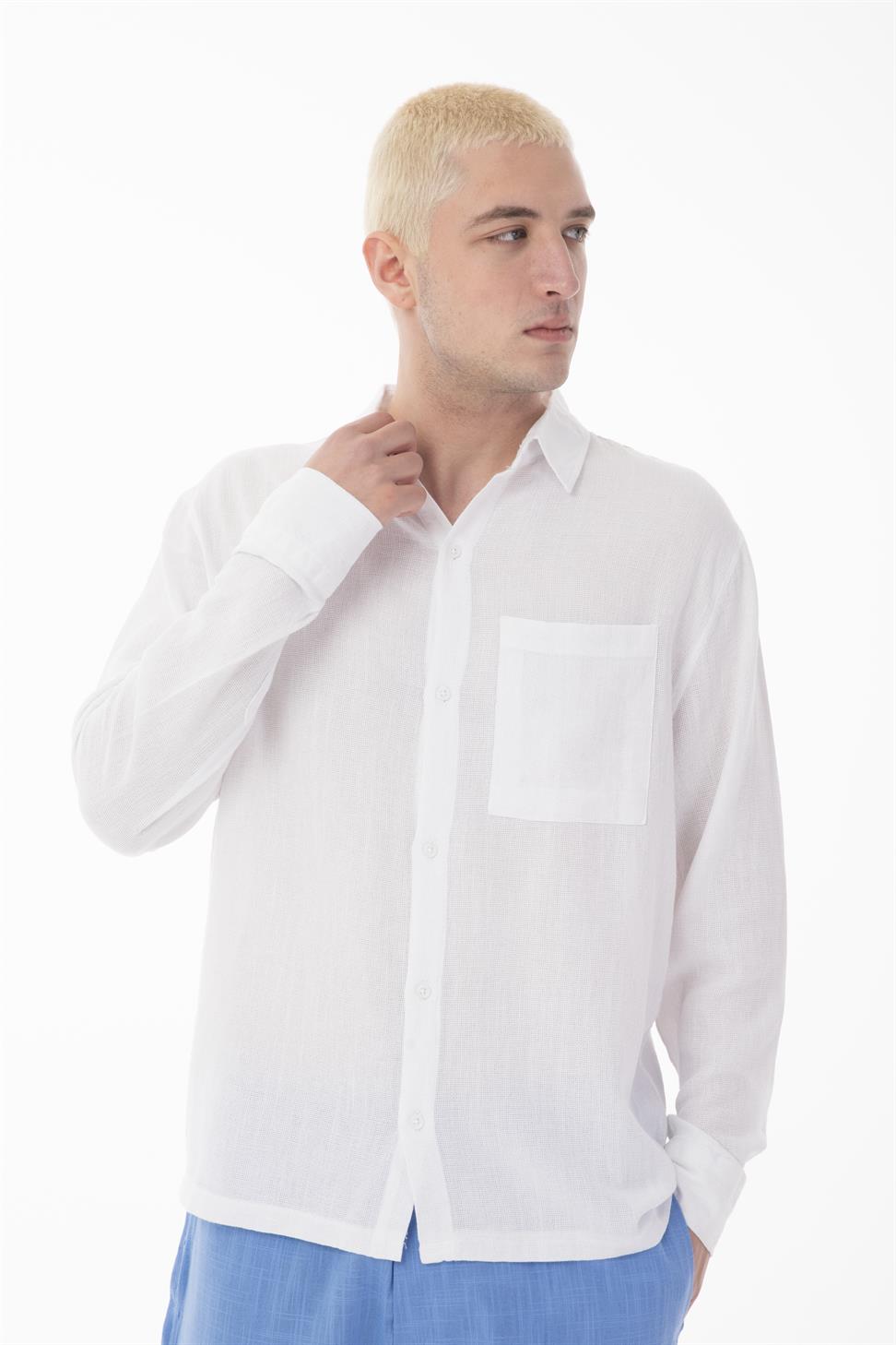 R-6054 Men’s Stand Collar Single Pocket Long Sleeve Etamine Shirt – White