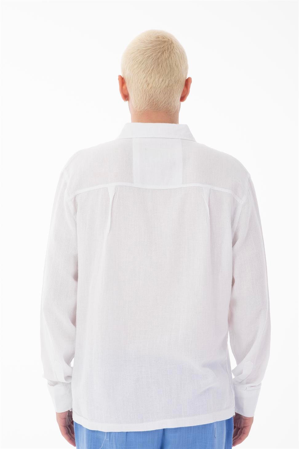 R-6054 Men’s Stand Collar Single Pocket Long Sleeve Etamine Shirt – White